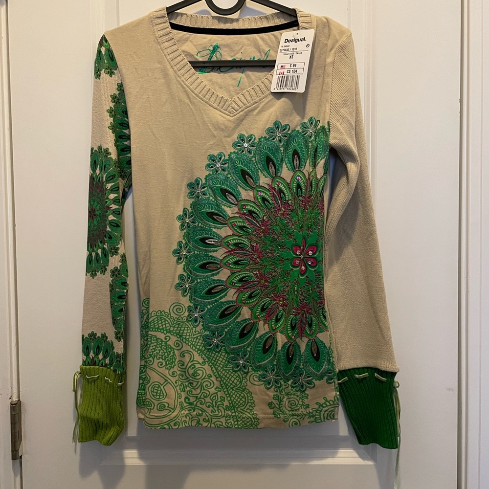 Desigual Beige and Green Patterned Top